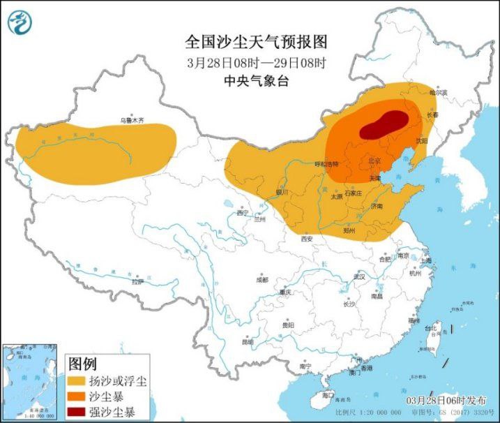 过去一天，受蒙古气旋及后部冷空气的影响，内蒙古及华北北部等地出现浮尘或扬沙，其中内蒙古锡林郭勒、赤峰局地出现沙尘暴，空气质量“爆表”