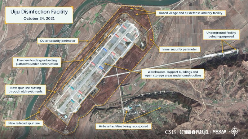 卫星图像显示，朝鲜正将义州一处空军基地改建为集装箱消杀场，为恢复朝中铁路运输提供条件
