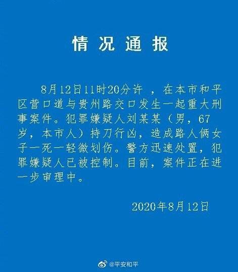 天津市公安局和平分局通报，8月12日11时20分许，在天津市和平区营口道与贵州路交口发生一起重大刑事案件