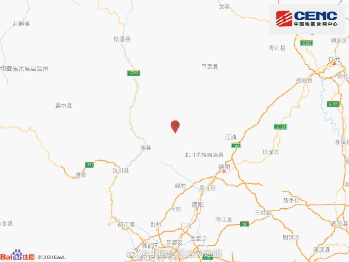 中国地震台网正式测定，10月23日01时12分在四川绵阳市北川县(北纬31.84度，东经104.17度)发生3.0级地震，震源深度18千米