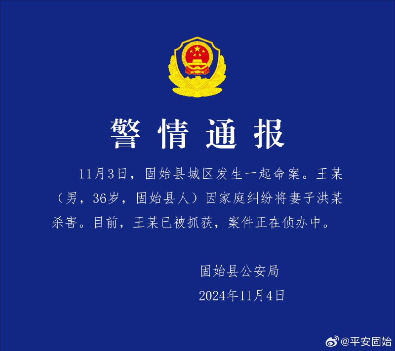 河南固始文昌街11月3日发生命案，一名女子去前夫家探望小孩，被前夫杀害