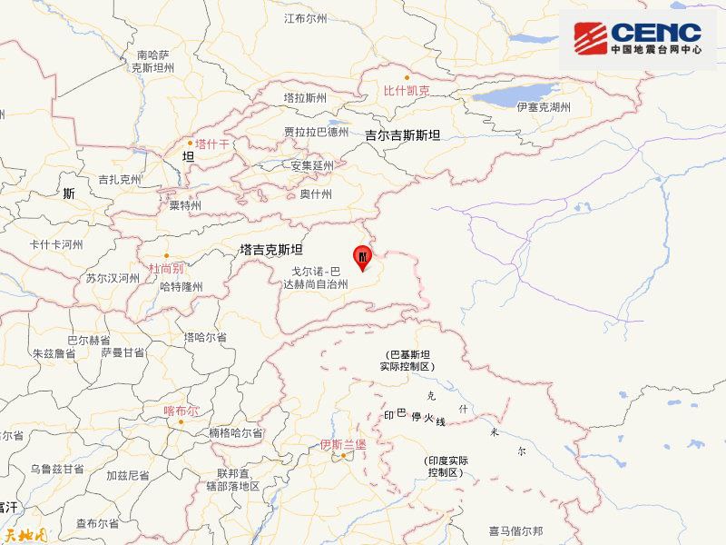 中国地震台网正式测定，2月13日1时1分在塔吉克斯坦（北纬38.15度，东经73.55度）发生6.1级地震，震源深度100千米