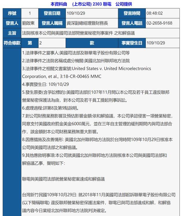 台湾联电今日表示，已与美国司法部达成和解，和解协议内容今日已经过美国北加州联邦地方法院判决确定