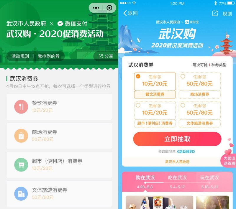 从4月19日起，武汉市人民政府将陆续向全体在汉人员投放5亿元的“武汉消费券”，以活跃消费市场，支持全市商贸和文旅行业复工、复产、复市