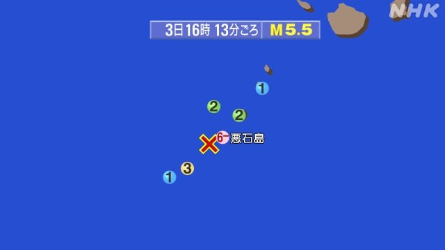 日本鹿儿岛县十岛村3日下午发生5.5级地震，最大震度6弱，在恶石岛，地震没有引发海啸