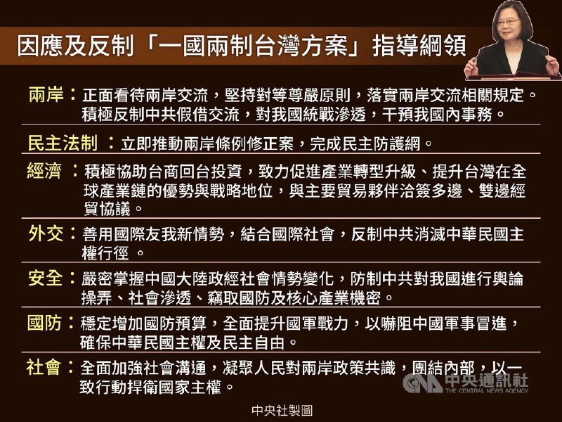 #台湾 蔡英文11日召开国家安全会议，提出因应及反制“一国两制台湾方案”指导纲领，作为国安团队及行政部门因应这项挑战的行动准则