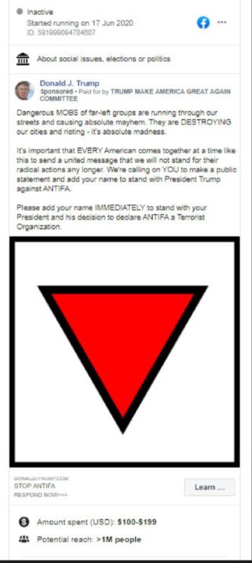 美国总统特朗普的竞选团队回应Facebook撤下广告时说，该图形是从Antifa组织的广告中截取的，而且没有被一个仇恨标志数据库（Anti-Defamation League’s database）禁止使用