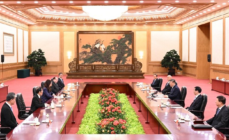 郑丽文4月10日在人民大会堂东大厅见习近平