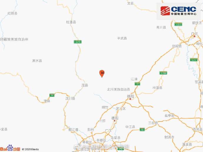 中国地震台网正式测定，10月23日01时12分在四川绵阳市北川县(北纬31.84度，东经104.17度)发生3.0级地震，震源深度18千米
