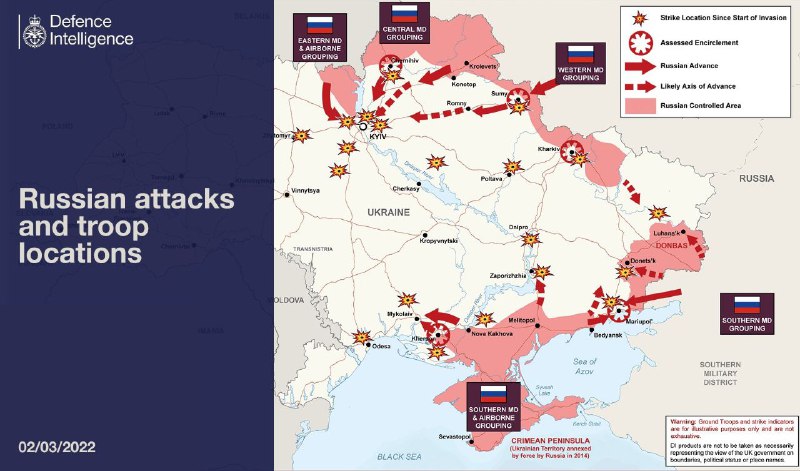 英国国防部整理更新截至当地时间3月2日的俄军推进态势