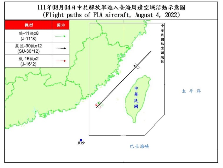 台湾，空军公布8月4日台海周边中共解放军活动动态，是歼11八架次、苏30十二架次、歼16两架次