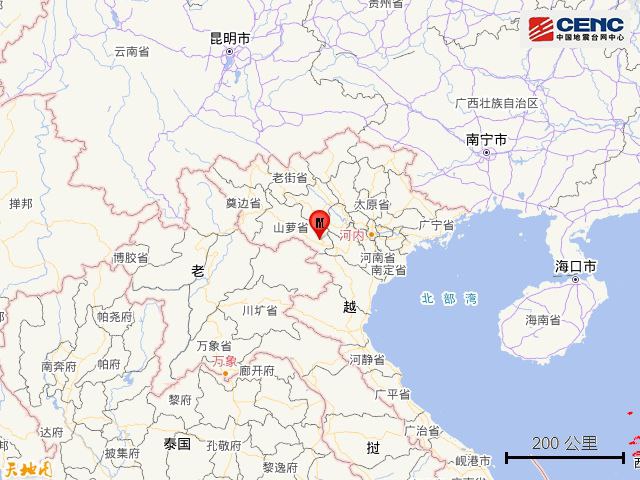据中国地震台网正式测定，7月27日13时14分在越南发生5.3级地震，震源深度10千米，震中位于北纬20.90度，东经104.70度，距我国边境线最近约193公里