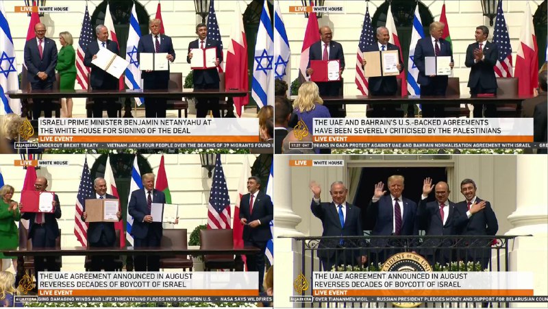 9月15日，阿联酋和巴林在华盛顿举行的一项仪式上，分别与以色列签署关系正常化协议