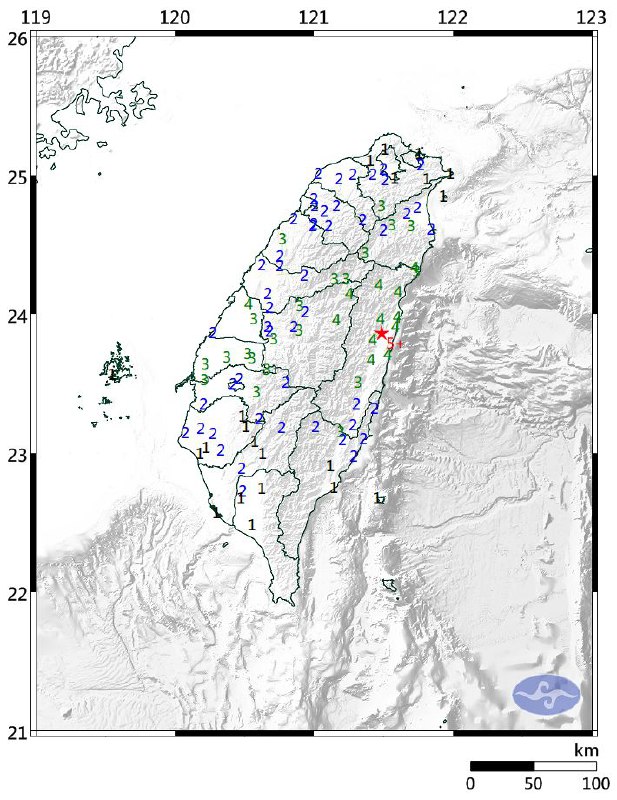 4月18日晚10时11分39秒台湾花莲地区附近（北纬23.87度，东经121.49度）发生里氏5.8级地震，震源深度15千米，花莲地区最大震度5强（中央气象局震度）