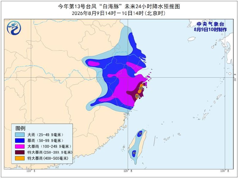 受今年第13号台风“白海豚”影响，中央气象台9日10时发布台风红色预警