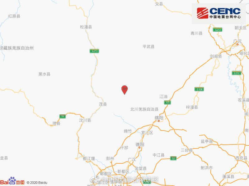 中国地震台网正式测定，10月22日11时03分在四川绵阳市北川县（北纬31.83度，东经104.18度）发生4.7级地震，震源深度20千米