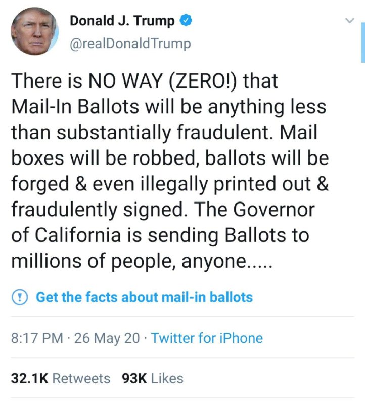 Twitter在唐纳德·特朗普发出的两条推文下面加上了通往辟谣信息的链接（如图）