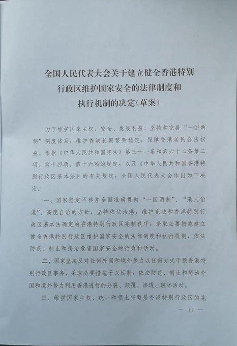 十三届全国人大常委会副委员长王晨就《全国人民代表大会关于建立健全香港特别行政区维护国家安全的法律制度和执行机制的决定（草案）》作说明时说，由于反中乱港势力和外部敌对势力的极力阻挠干扰，23条立法一直没有完成而且被严重污名化、妖魔化