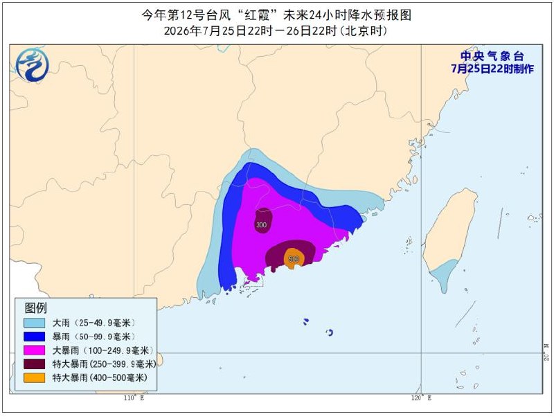 受今年第12号台风“红霞”影响，中央气象台25日22时发布台风红色预警
