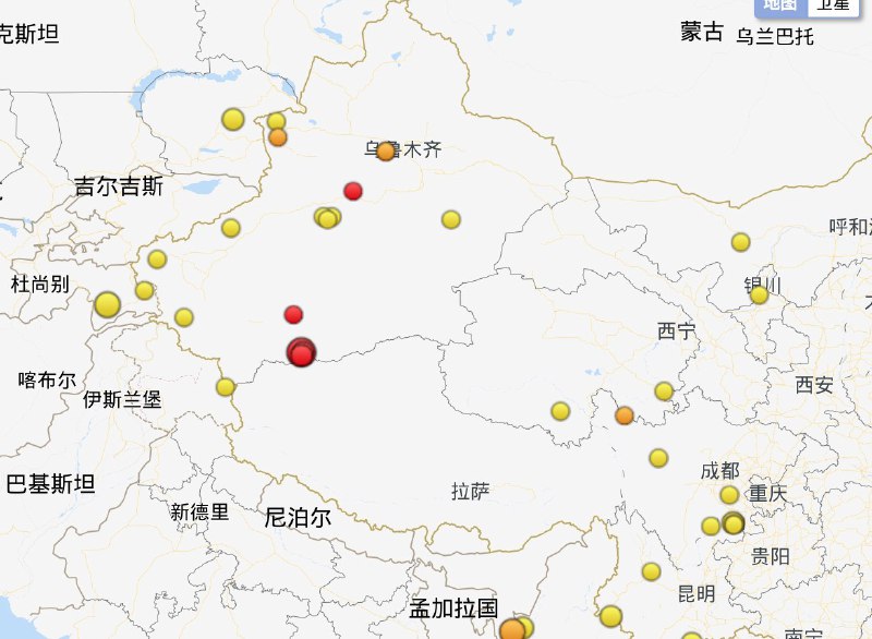 中国地震台网测定上午5时5分，新疆和田地区发生6.4级地震，震源深度10千米